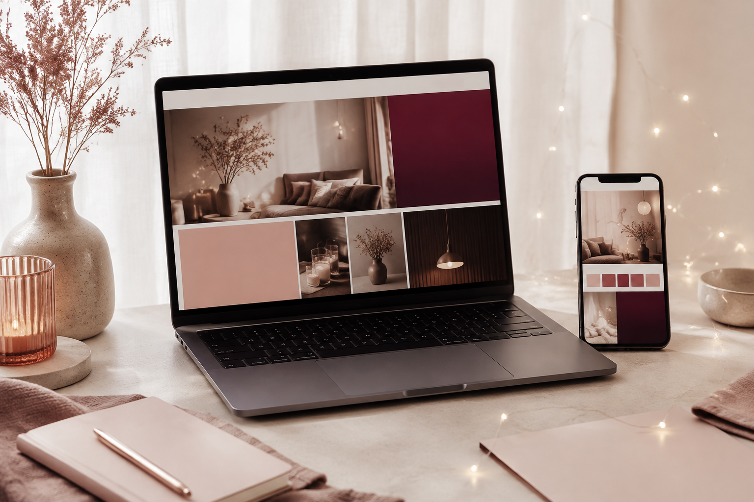 Laptop i mobitel s elegantnim web dizajnom u toplom Fairy Digital studiju